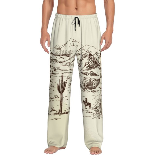 Fotbe Wild West Desert With Cowboys Pantalones de Pijama para Hombre, Pantalones de Dormir, Pantalones de Casa con Cintura Ajustable y Bolsillos-Large
