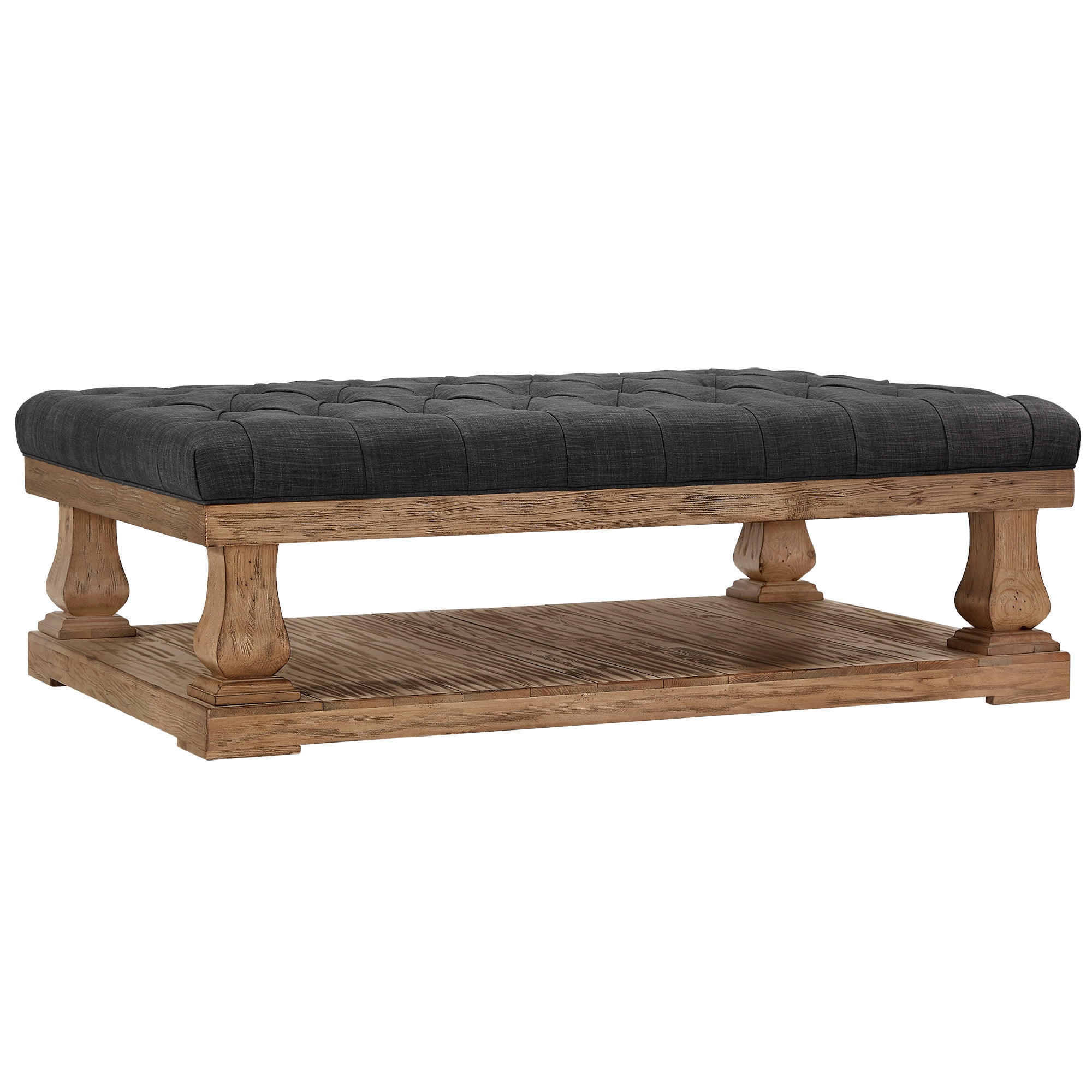 Weston Home Galvin Transitional Wood and Tufted Linen Coffee Table, Dark Grey
