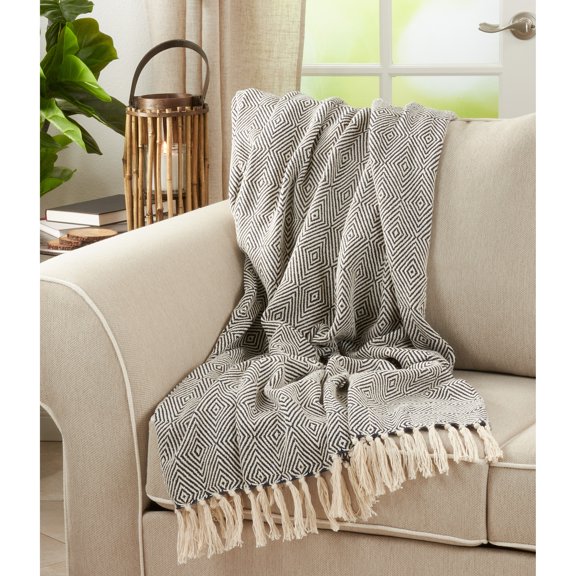 Saro Lifestyle Cotton Throw Blanket with Diamond Weave Design Navy Blue