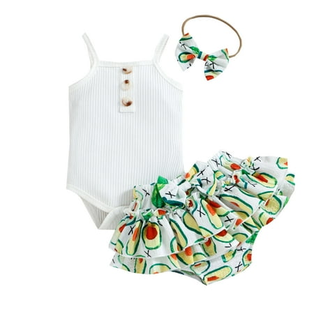 

Girls Sleeveless Ribbed Romper Bodysuits Bowknot Ruffles Watermelon Printed Shorts Headbands Outfits