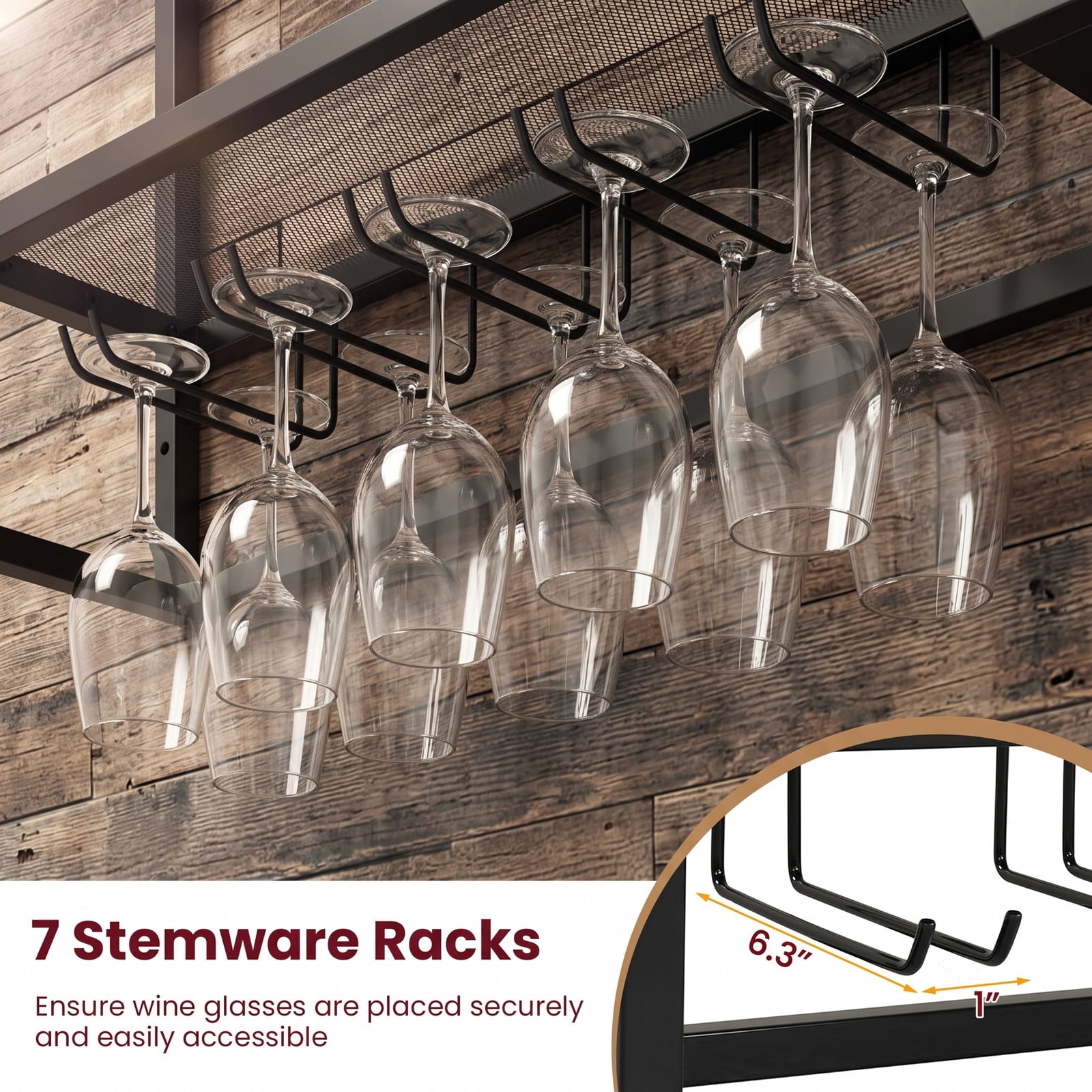RUIE 47 Inch Wall Mounted Wine Rack, Large Floating Bar Shelves with Glass Holder, Metal Hanging Wine Bottle Storage Organizer for Kitchen Dining Room Bar, Black