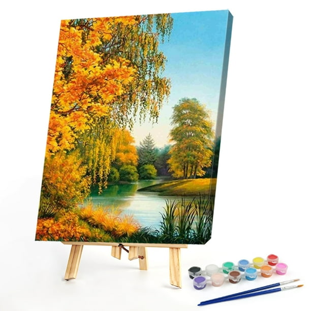 Cuadros Decorativos Otoño bosque lago paisaje pintura al óleo por números Kit sin marco dibujo imagen Ehuebsd embutido en tela
