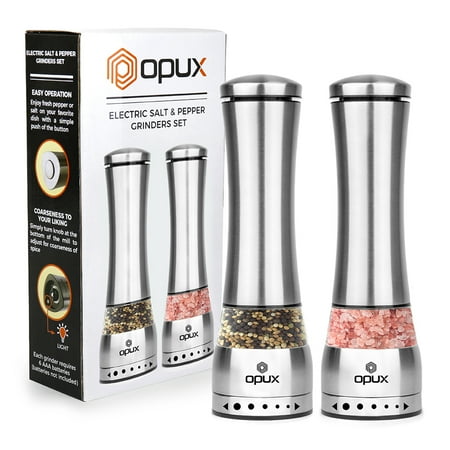 One Hand Pepper Mill - OPUX Electric Salt and Pepper Grinder Set | Battery Operated Pepper Mill with LED Light, Automatic Stainless Steel Salt Shaker, Adjustable Grind Coarseness | Curved Design
