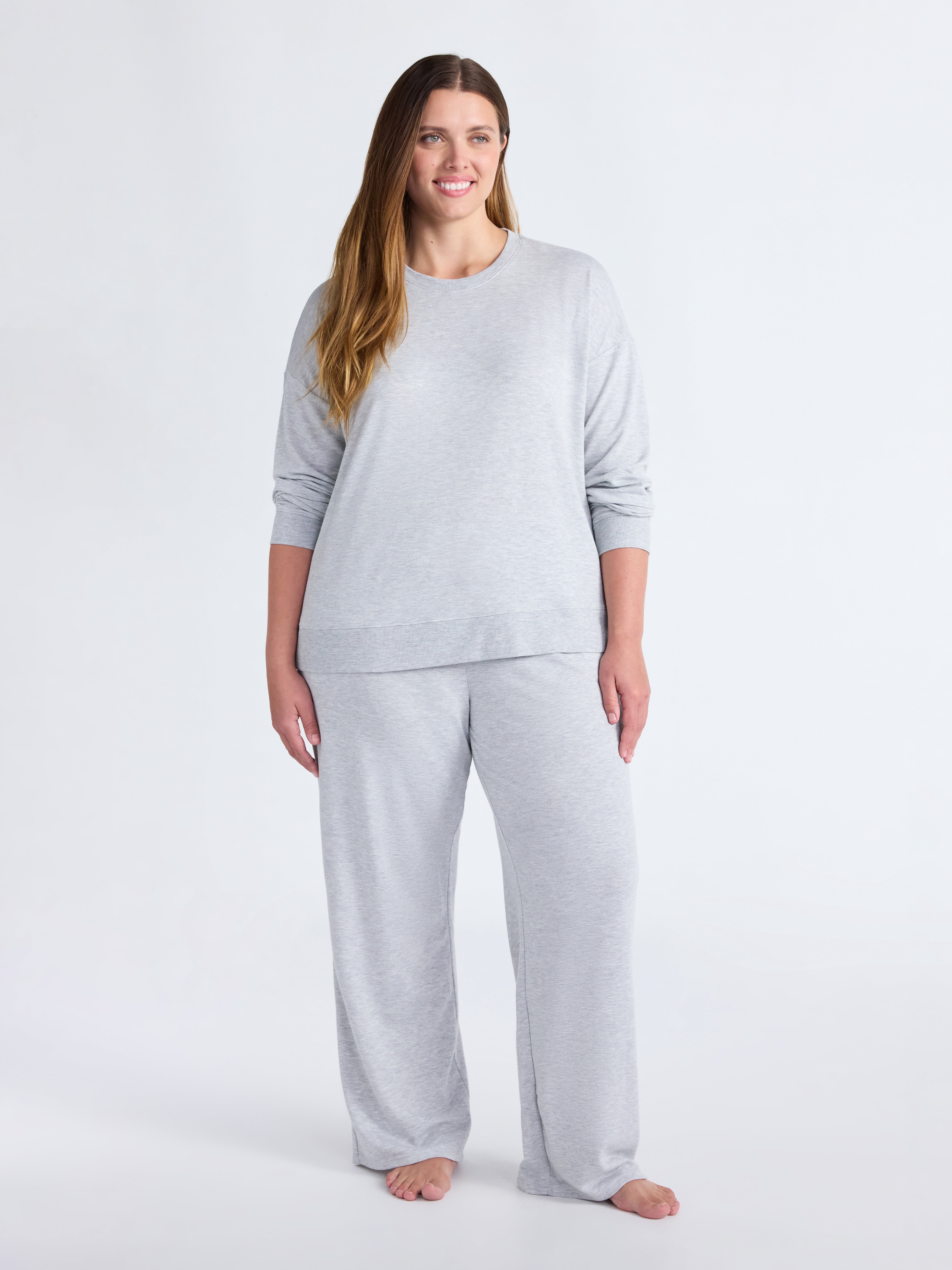 Joyspun Women's Fleece Long Sleeve Top and Straight Leg Pants Lounge Set, 2-Piece, Sizes XS-3X