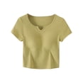 thumbnail image 2 of Nestiefly Womens Short Sleeve Shirts with Built in Bra V Neck Basic Tee Tops Summer Athletic Workout Yoga Padded Shirts Yellow XL, 2 of 7
