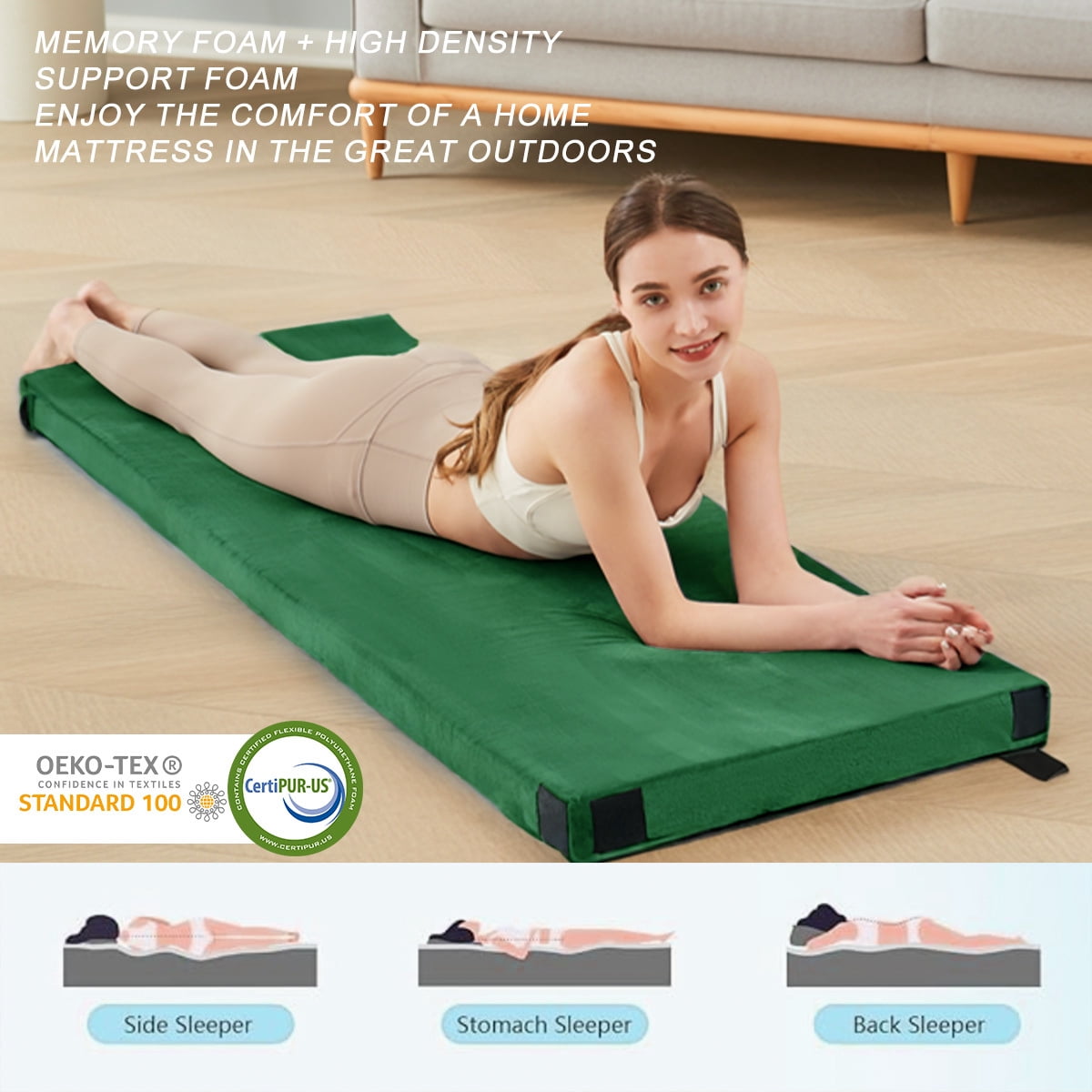 L'AGRATY 3" Memory Foam Camping Mattress Pad, Portable Sleeping Pad for Adult, Waterproof Roll Up Mattress for Travel Truck Bed Tent, Car Bed with Travel Bag, Twin, Green
