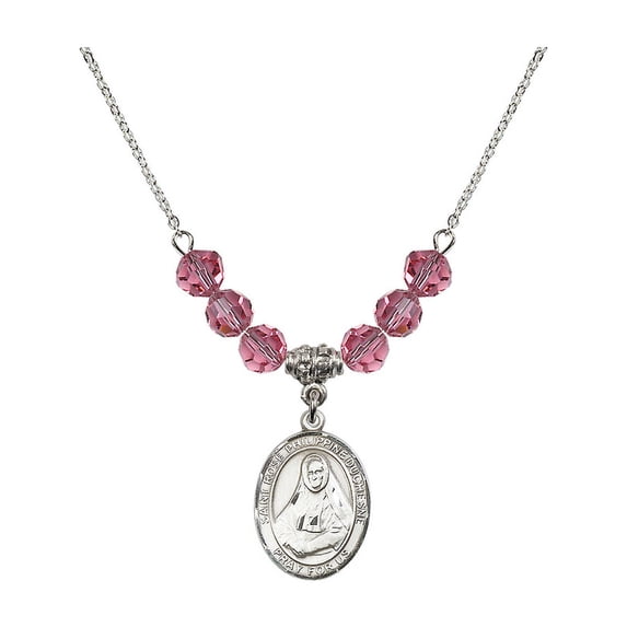 18-Inch Rhodium Plated Necklace with 6mm Rose Pink October Birth Month Stone Beads and Saint Rose Philippine Duchesne Charm