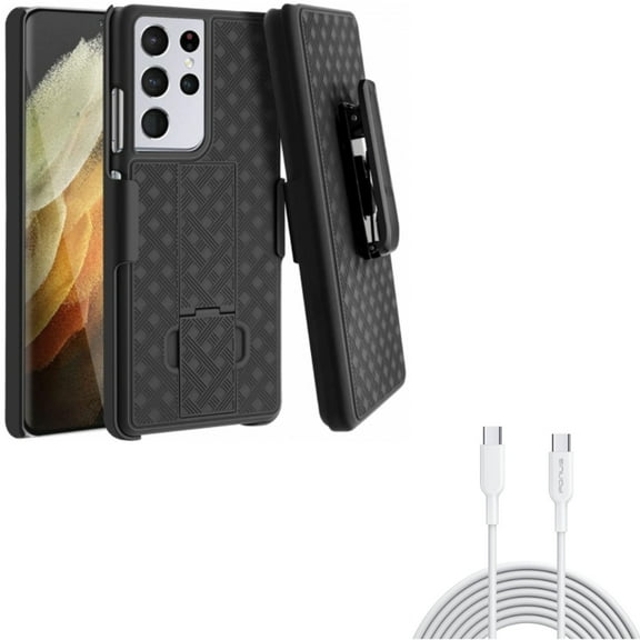 Case Belt Clip w 6ft Long Type-C Cable for Samsung Galaxy S21 Ultra - Holster Swivel Cover, PD Fast Charger Cord Power Wire