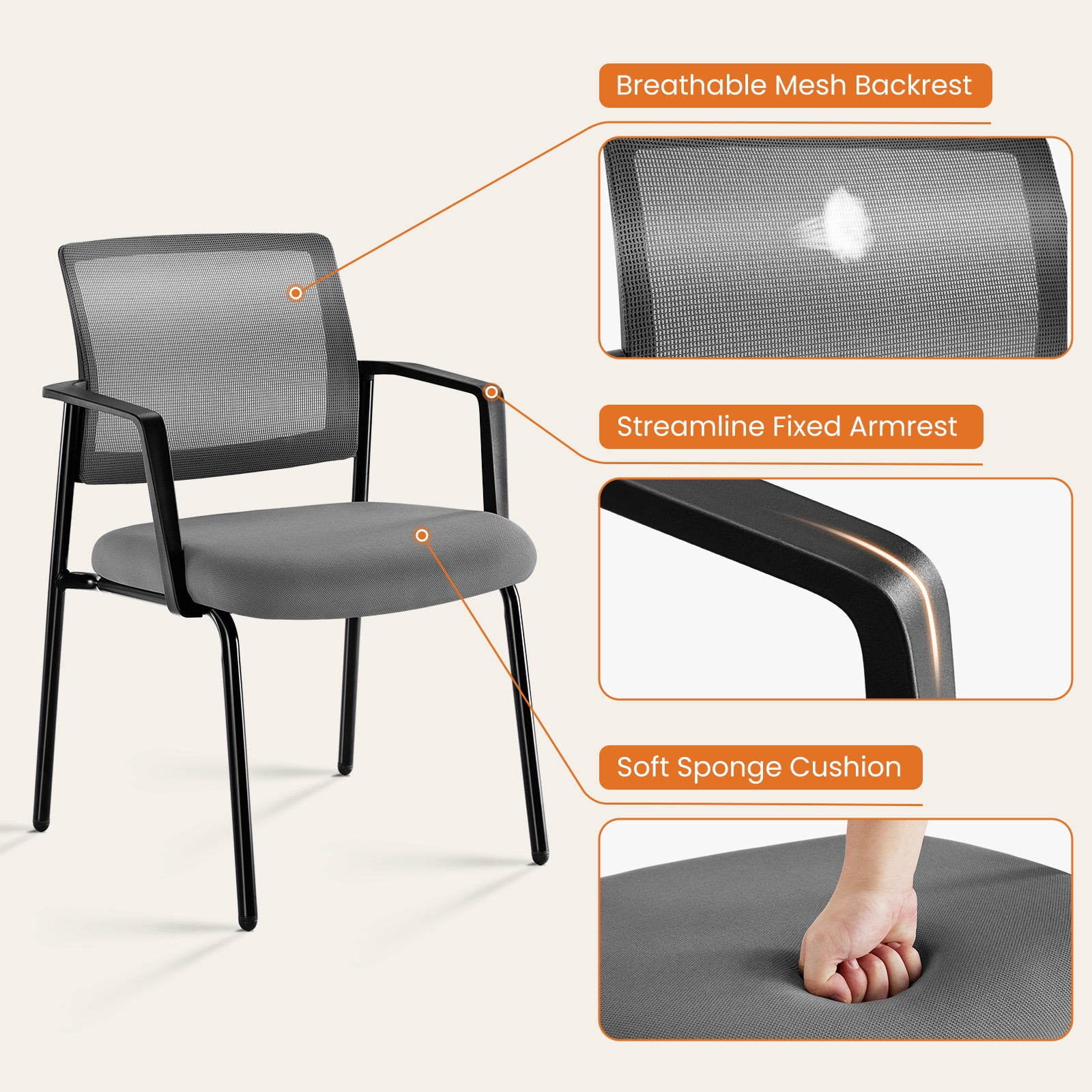 YYAo Mesh Back Stacking Task Chair with Upholstered Fabric and Sturdy Metal, Office Chair Ergonomic Desk Chair for Home Ofiice, Living Room, Study Room, Bedroom, Gray