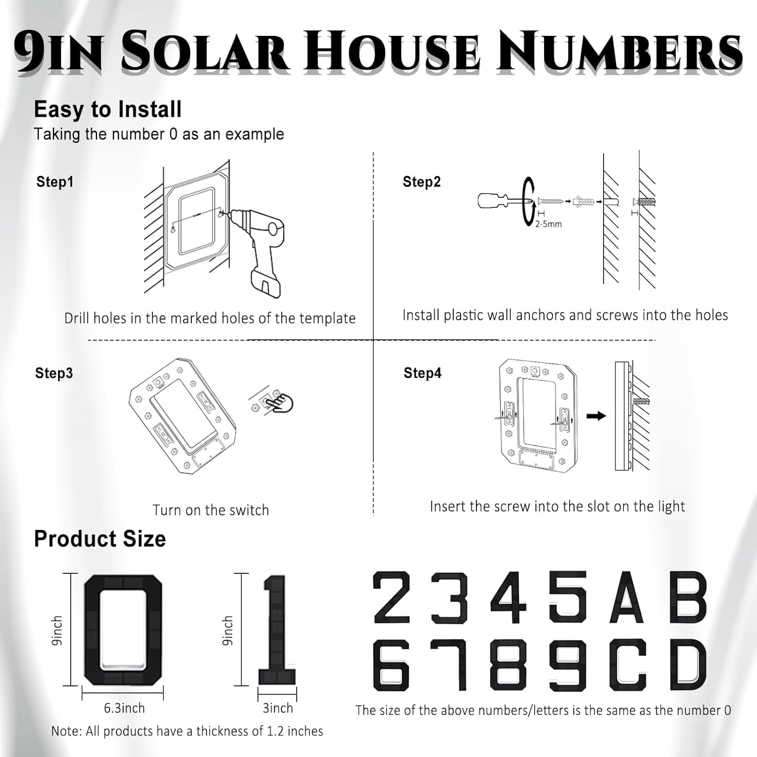 9 Inch Solar Lighted House Number, Waterproof Backlit LED Address Sign for Outside, Modern Illuminated Number for Home Garage