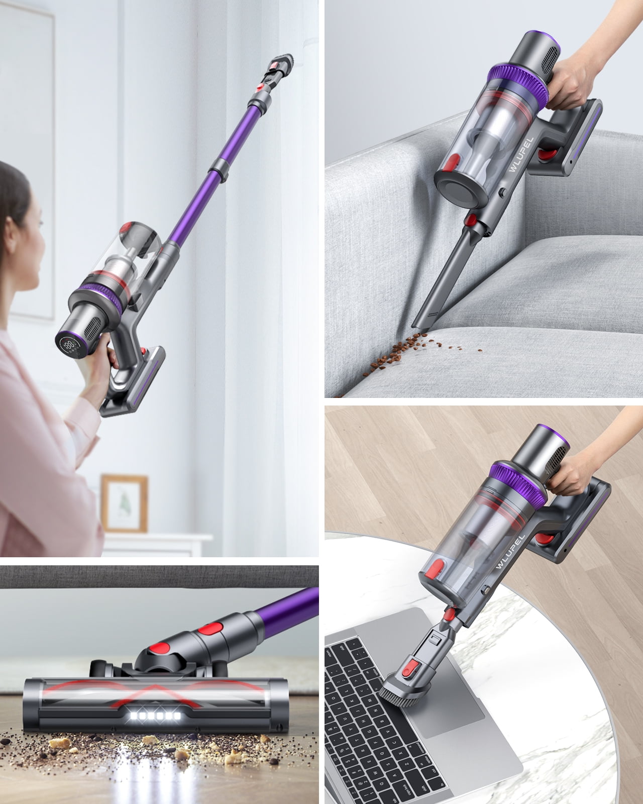 WLUPEL Cordless Vacuum Cleaner, 250W Stick Vacuum Cleaner with  30KPA Powerful Suction, Lightweight Handheld Vacuum LED Display for Carpet  and Floor, Pet Hair (Hero 8-Purple)