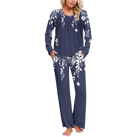 Nrmvnmi Pajamas Sets For Women Graphic Prints Sleepwear Sets Fold Crew Neck Long Sleeved Pullover Tops And Elastic Waist Long Pants With Pocket Comfortable Fall Loungewear Sets