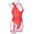 thumbnail image 4 of Body de una pieza con tiras, cuello en V profundo, copa triangular, tanga de cintura alta, ropa de dormir transparente, Rojo S, 4 of 6