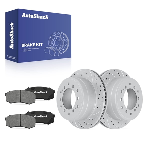 AutoShack Rear Vented Drilled & Slotted Coated Brake Rotors Silver Matte Finish   Ceramic Pads 6-PC Brake Kit Replacement for 2010-2024 Toyota 4Runner 2010-2023 Lexus GX460 TurboGuard 12.28" (312 mm)