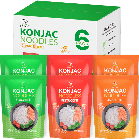 Soeos Konjac Noodles, Shirataki Noodle, 8.8 oz (250 g)*6 Packs, Low Calorie, Low Carb, Keto and Paleo Friendly, 3 Variety Noodles, Fettuccine, Angel Hair, Spaghetti, Total 52.8 Ounce