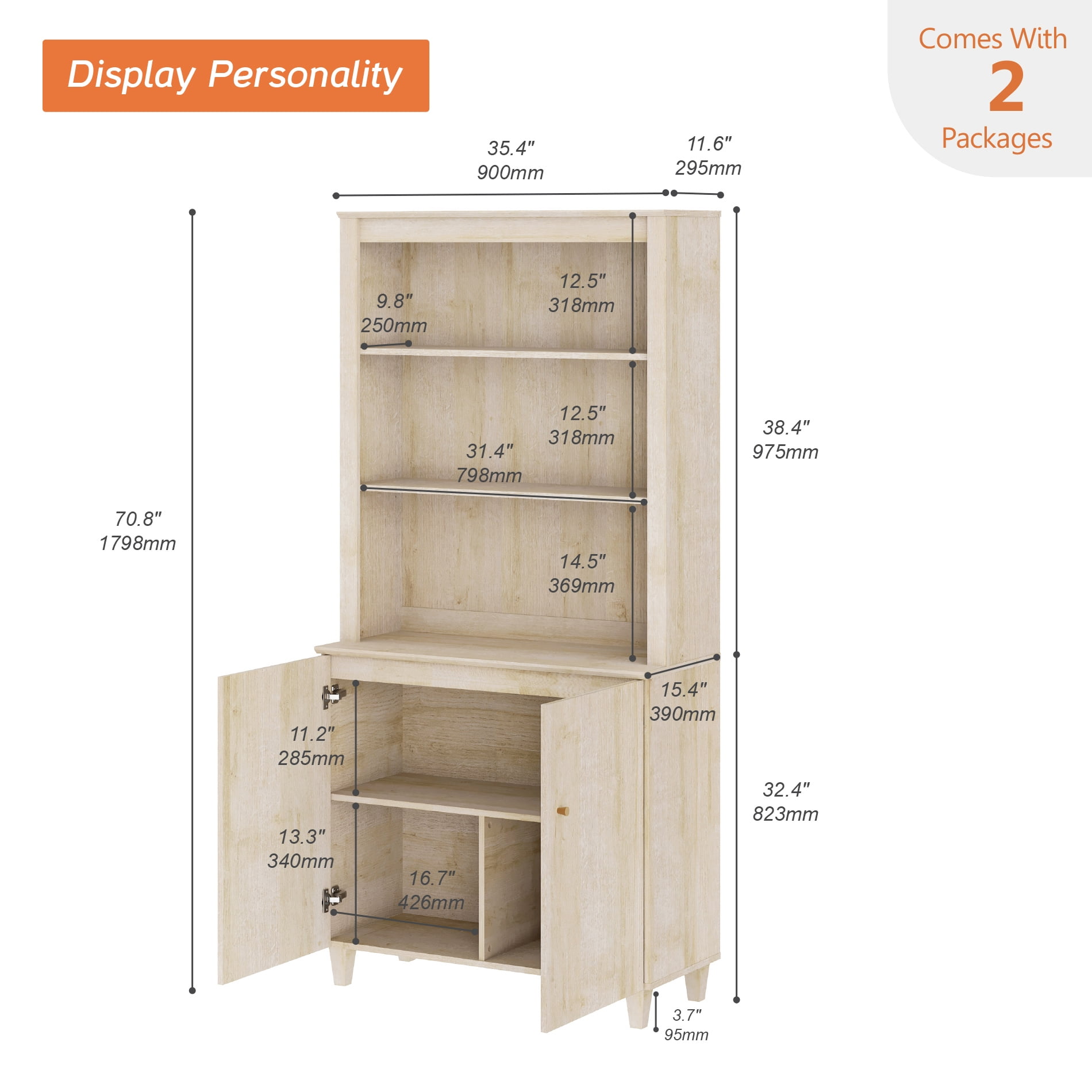 Modern 71" Tall Bookcase with Doors & Storage Cabinet for Home Office,Natural Oak