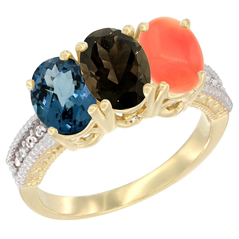 10K Yellow Gold Diamond Natural London Blue Topaz, Smoky Topaz & Coral Ring 3-Stone Oval 7x5 mm, sizes 5 10 by WorldJewels