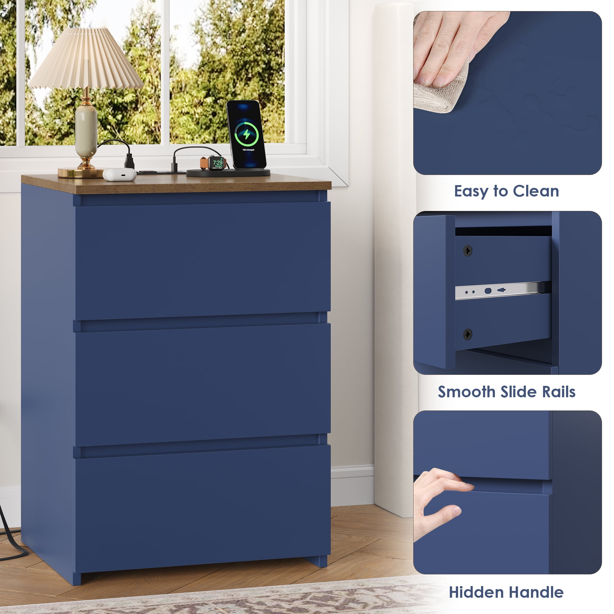 Homfa 3 Drawers Nightstand with Charging Station, Side Table with Storage for Living Room, Bedside Nightstand for Bedroom, Blue