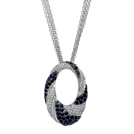 Natural Sapphire & Diamond Oval Wreath Pendant Necklace in Sterling Silver