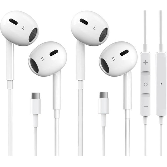 2 Packs USB C Headphones for iPhone 16/15 Earbuds with Microphone & Volume Control HiFi Stereo Type C Earphones for Galaxy S23/S22/S21/S20/Ultra Note 10/20, for iPad Pro Pixel 7/6/6a/5/4 OnePlus 9 8