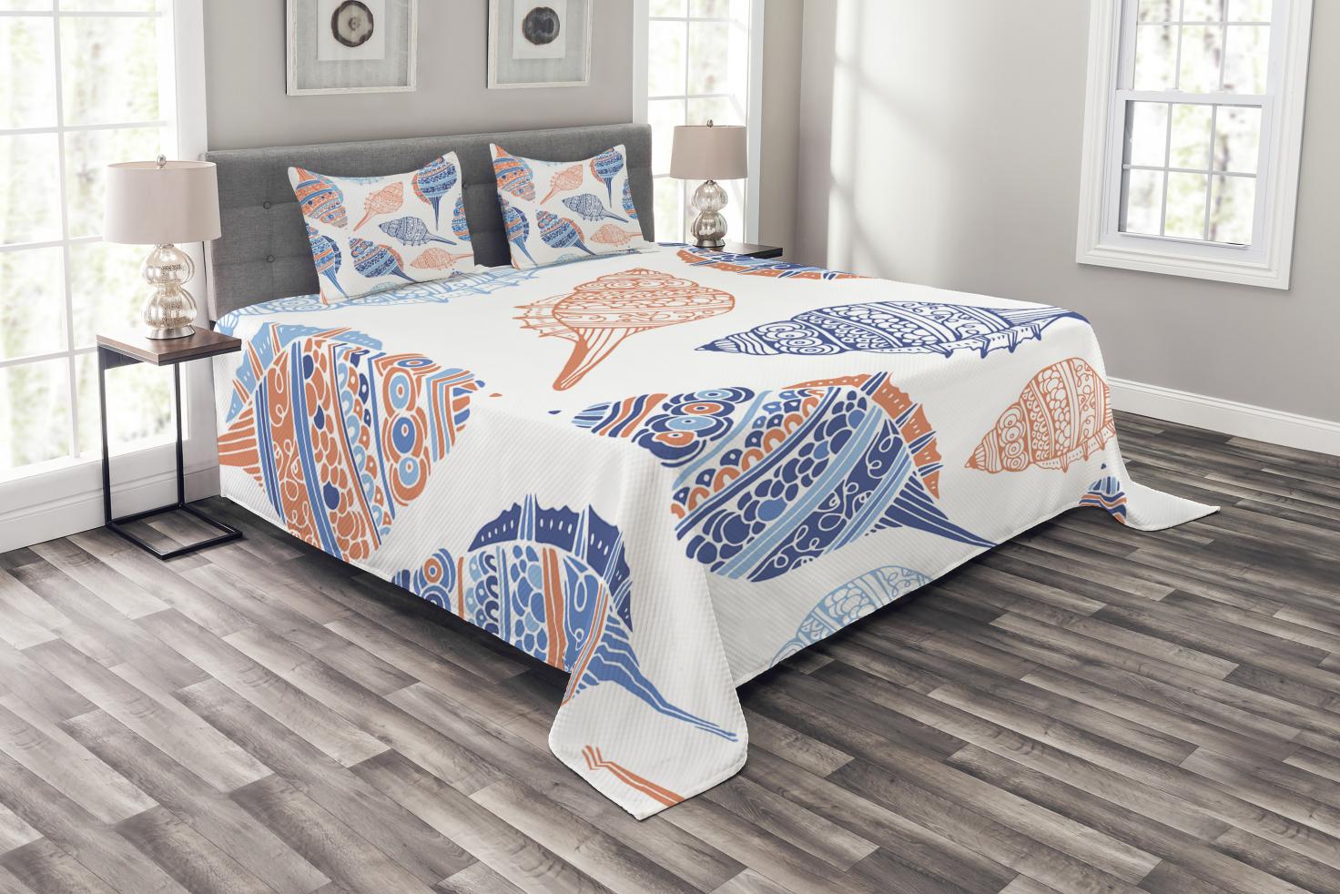 Seashell Bedspread Set Queen Size, Maritime Sealife Sea Creatures Colorful Seashells in the