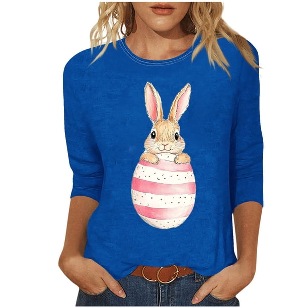 Tops de Cuello Redondo para las Mujeres Pascua Impresa 3/4 Mangas Blusa, Ligera Imitación Algodón Top Casual