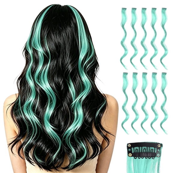 Uxcell 10 Pcs Colored Clip in Hair Extensions, 22 Inch Curly Hair Wavy Extensions for Women Girls Highlights Synthetic Wig for Party Cosplay Daily Hair Styling, Mint Blue