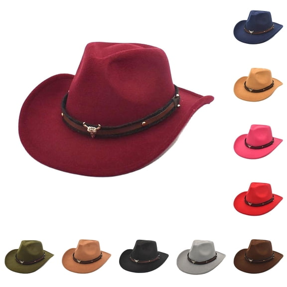 XIAOCHA Mens Bull‑Skull‑Ornament Cowboy Hat Solid Shapeable‑Brim Western Hats Rodeo‑Event Wide Brim Western Hat,RD2