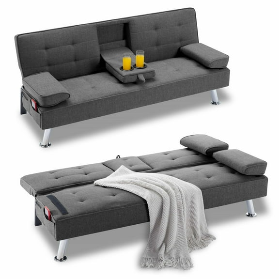 BSHTI Futon Convertible Sleeper Sofa Bed,With 3-Position Adjustable Backrest,Upholstered in Polyester Fabric,a Side Storage Pocket,Twin-Size Sleeper Sofa,Dark Gray