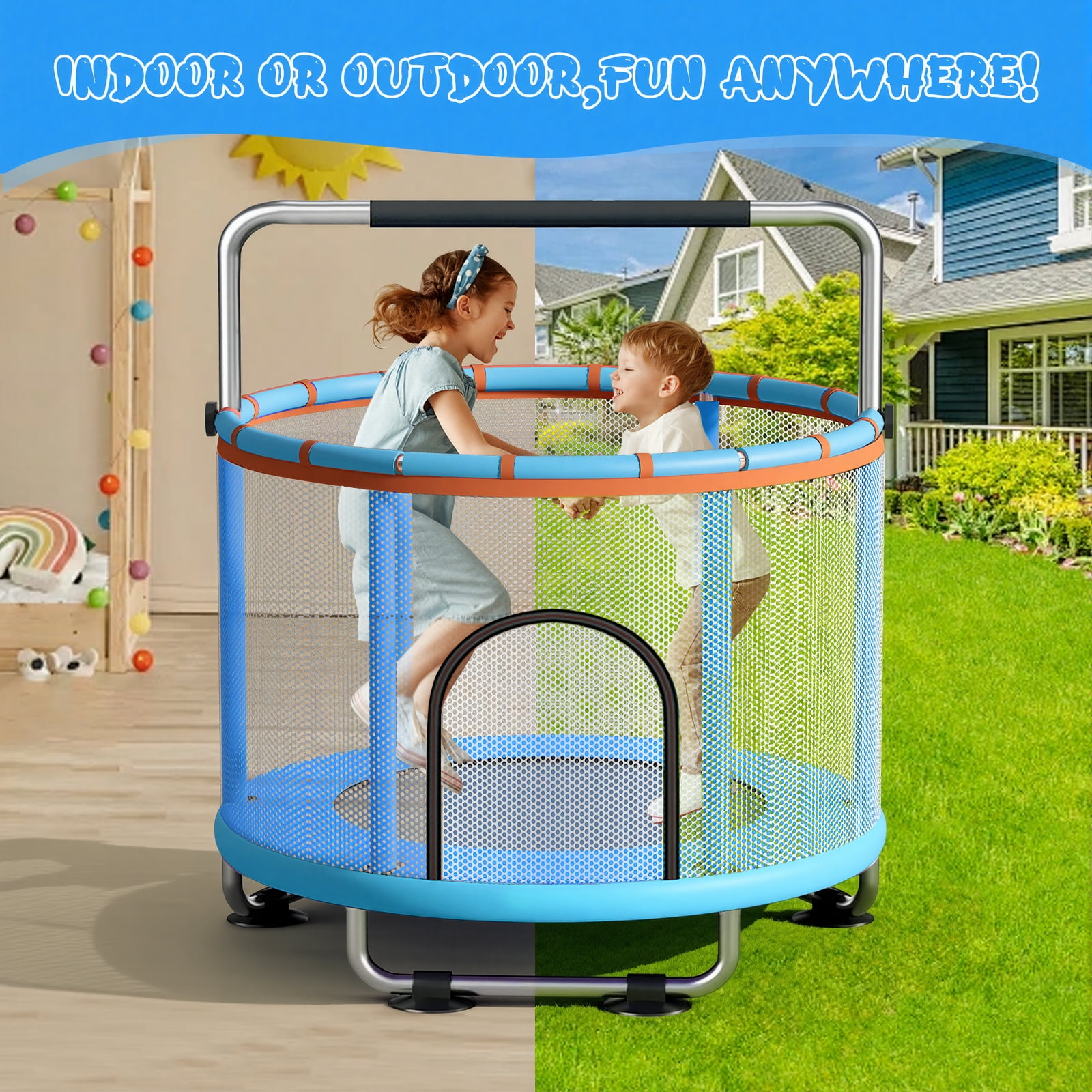 55" Kids Trampoline with Adjustable Gymnastics Bar , 600 LBS Capacity, Safety Enclosure Net & Fun Toys – For Indoor and Outdoor Play