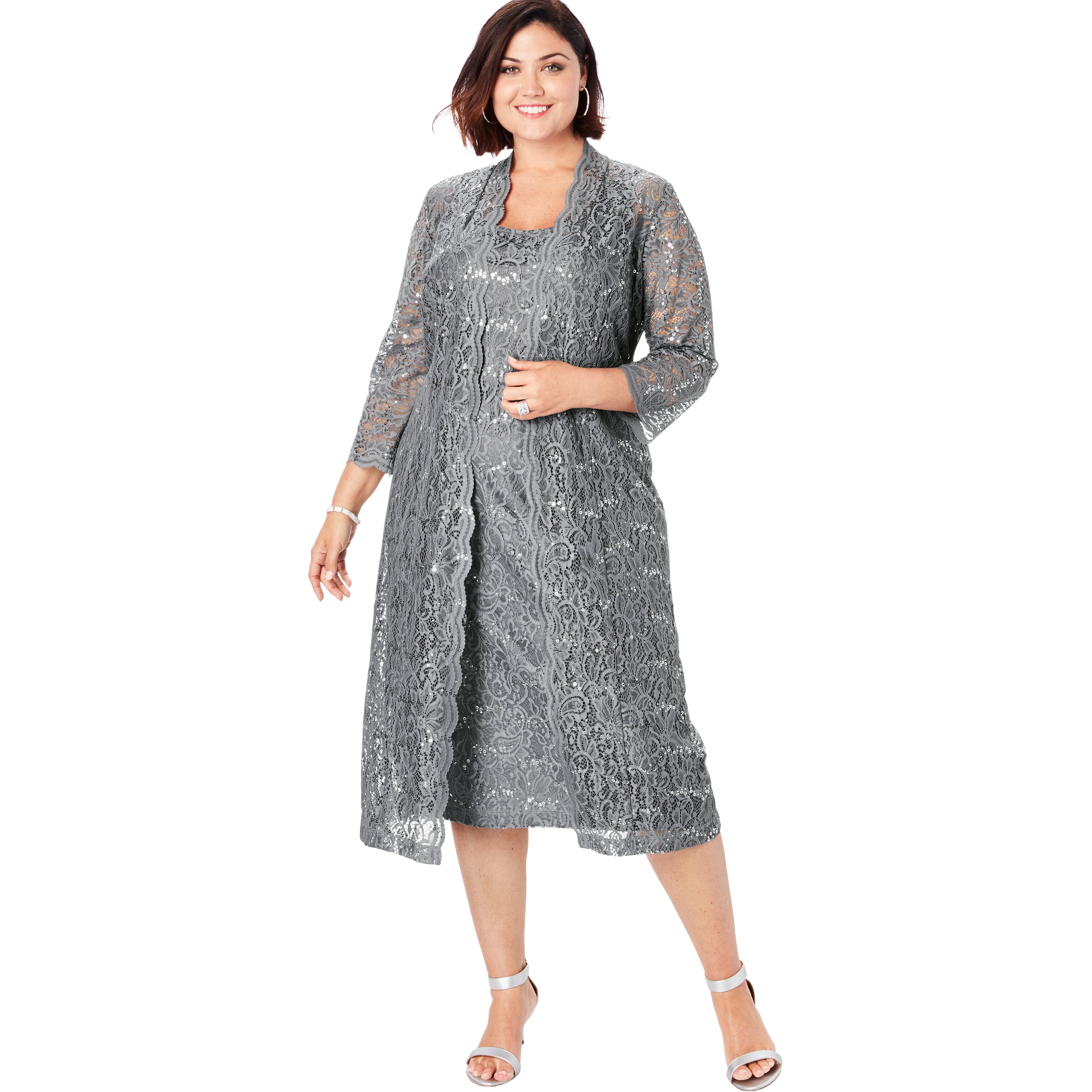 Roaman's Women's Plus Size Lace & Sequin Jacket Dress Set Formal ...