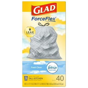Glad ForceFlex Tall Kitchen T Bags, 13 Gallon, 40 Bags (Fresh Clean Scent, Febreze Freshness)
