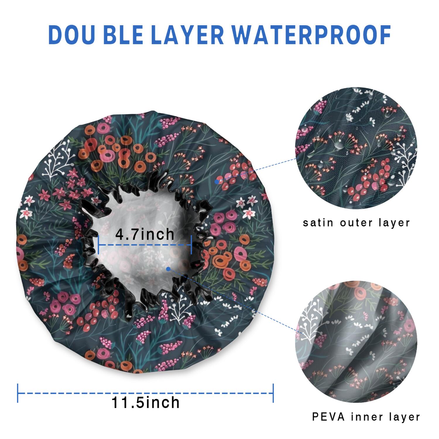 Shower Caps,Pioneer Flower Floral Print Pattern Waterproof Shower Cap for Women 4 Pieces,Double Reusable Hair Cover for Shower PEVA Elastic Stretch Hem