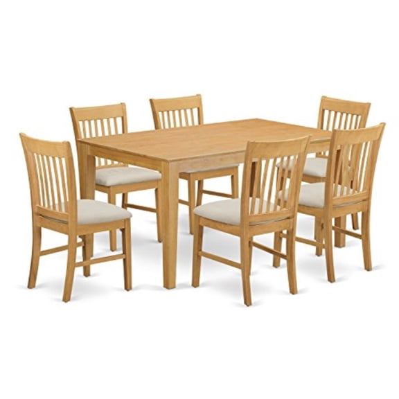 East West Furniture Capri 7-piece Wood Dining Set with Fabric Chairs in Oak