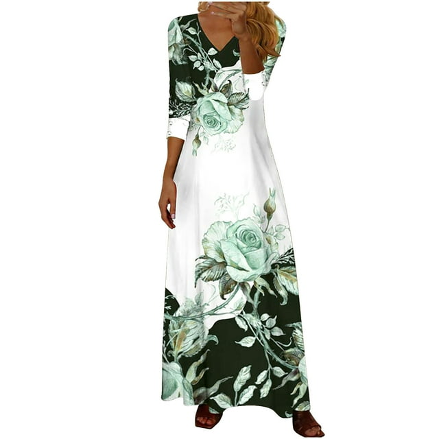Robe à Manches Longues Femme Décontractée Été Mode Imprimée Boutons Manches Longues Col en V Robe Chandail Robe d'Été pour Femme Aguichant Robe d'Été à Manches Longues Robe Longue d'Été pour Femme