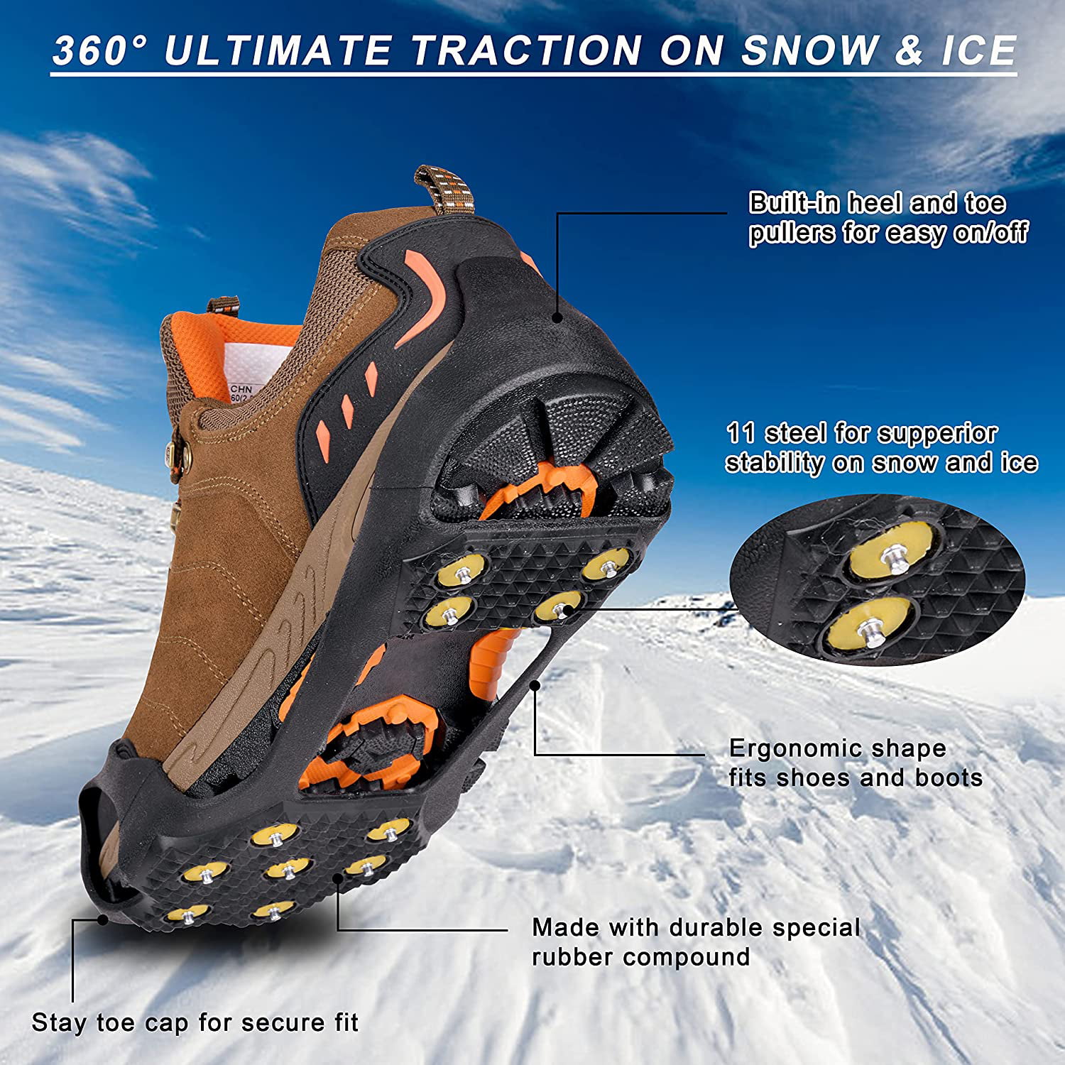 Gpeng Ice Grips Traction Cleats Ice Cleat Snow Grippers Non-Slip Over Shoe/Boot Rubber Spikes Crampons Anti Slip Durbale 10 Steel Studs Crampons Slip-on Stretch Footwear 