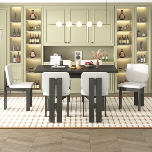 Harper & Bright Designs 7 Pieces Retro Dining Set for 6, Wood Rectangular Table with Designed Trestle Base and 6 Upholstered Chairs for Dining Room and Kitchen, Grey