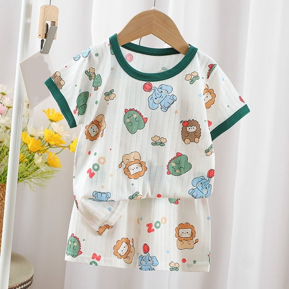 hengsof Children Animal Print Short Sleeve Set for 6 Months to 6 Years, Round Neck Top and Elastic Waist Shorts, Two Piece Summer Play Outfit