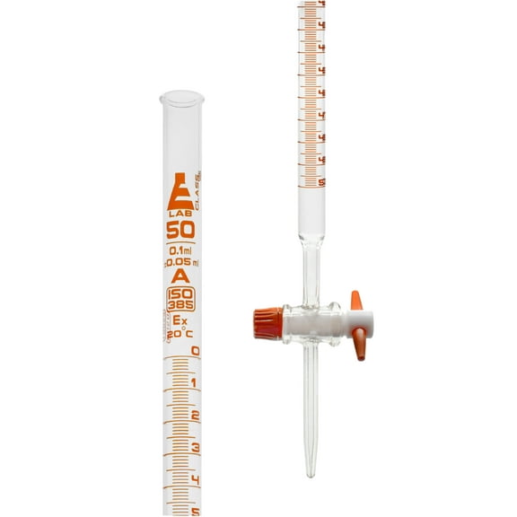 Lab Burette, 50mL - Class A - 0.1mL Amber Graduations - PTFE Stopcock - Borosilicate Glass Buret - Eisco Labs