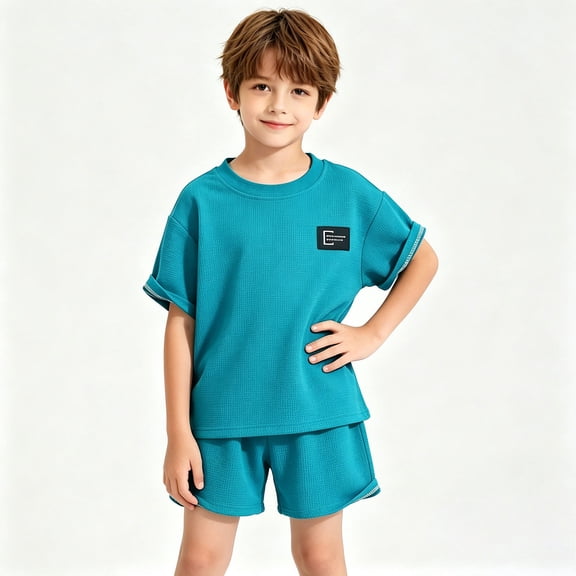 ZOYOEN Boys Waffle Knit Outfits Set- Tees and Shorts Casual Crewneck Short Sleeve Kids Summer Clothes Toddler to Big Size 2-12