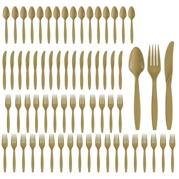 Party City Assorted Disposable Cutlery Set, 64-Piece Set (Gold) - 32 Forks, 16 Knives & 16 Spoons - Go Brightly Heavy Duty Disposable Plastic Forks, Spoons & Knives - Party Supplies Cutlery