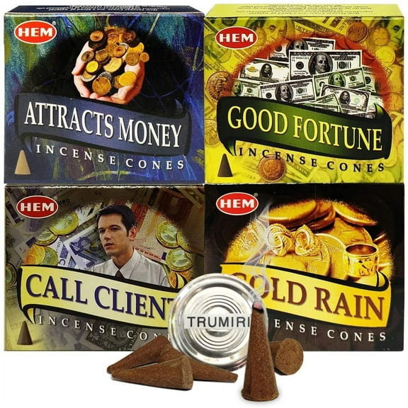 Hem Incense Cones Variety Pack #1 And Cone Incense Burner Bundle With 4 Money Luck And Business Themed Fragrances