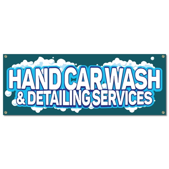 Hand Car Wash | 18" X 48" Banner | Outdoor Vinyl Sign With Grommets | Auto Detailing Detailer Detail Shop Truck | Made in The USA