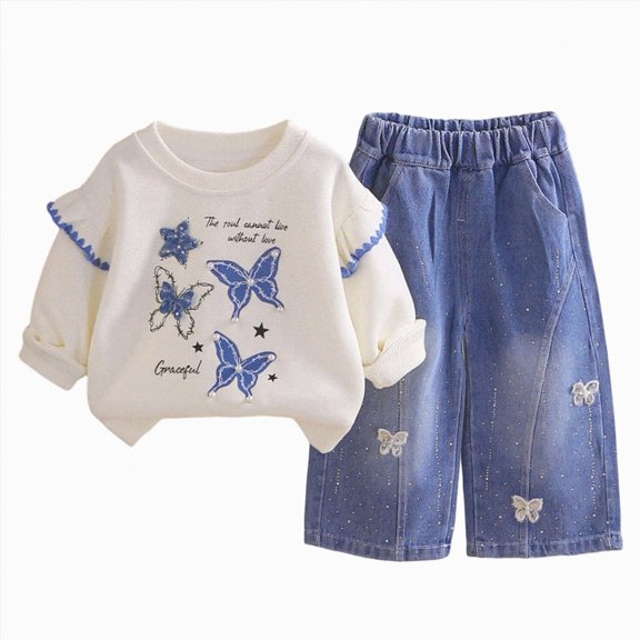 Girls 2 Piece Outfits 12 18 24 Months 2T 3T 4T Baby Girl Clothes Toddler Girls Winter Outfits Infant Clothing Top Denim Pants Jeans Cute Fall Outfit Set White Size 3-4 Years
