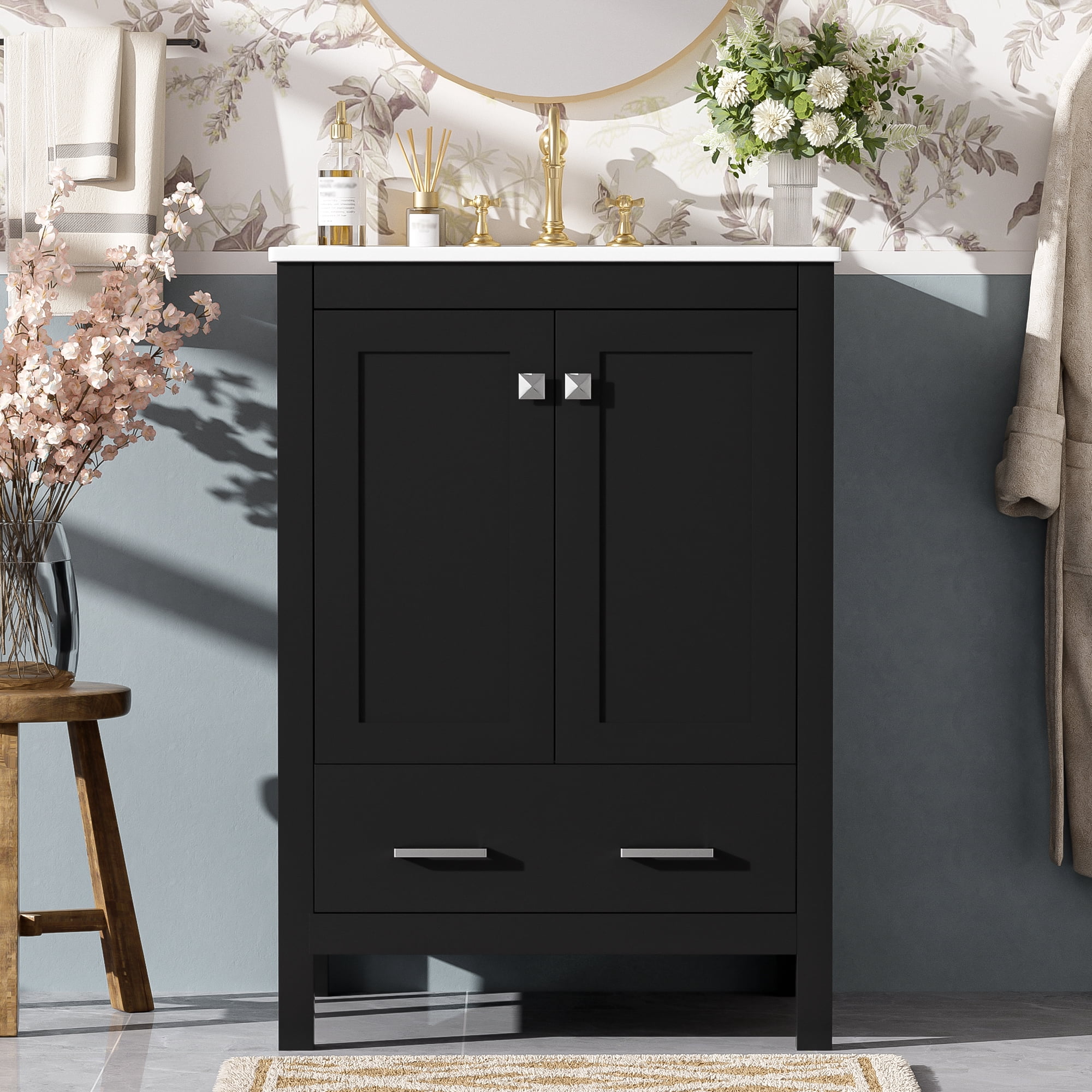 Euroco 24-inch bathroom vanity with integrated undermount basin and a storage cabinet featuring 2 doors and 1 drawer. Includes double-layer door shelf
