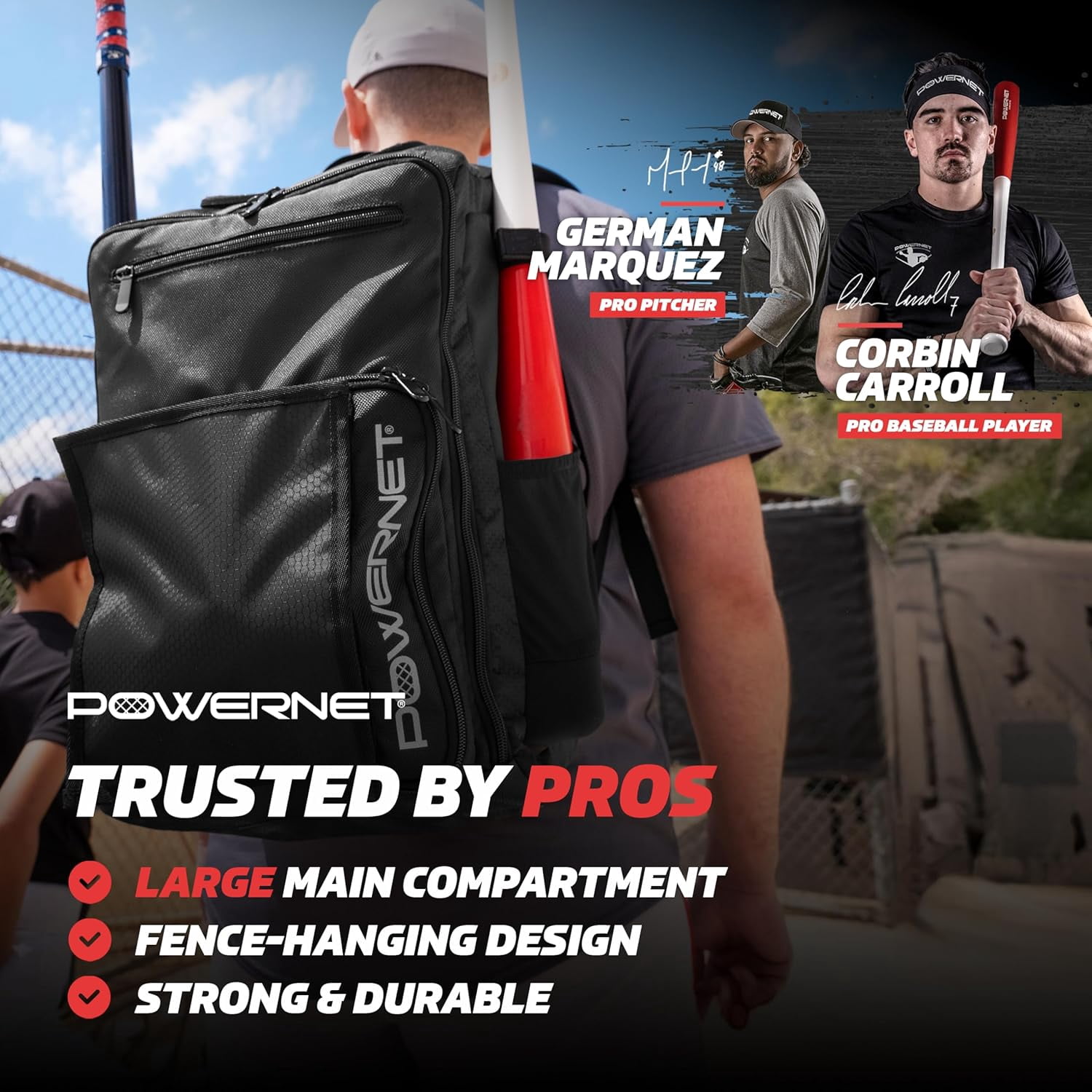 PowerNet Coach's Baseball Backpack, Softball & Baseball Bag for Coaching Gear with Laptop Sleeve and Zippered Pockets, Coach Bat Bag with Chain-Link Fence Hook and Luggage Strap