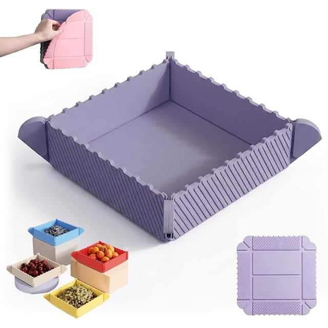 2-in-1 Magnetic Foldable Silicone Mat & Serving Tray, Heat Resistant Collapsible Tray for Kitchen Counter, Camping & RV(Purple)