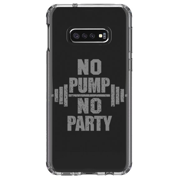 DistinctInk Clear Shockproof Hybrid Case for Samsung Galaxy S10e (5.8" Screen) - TPU Bumper Acrylic Back Tempered Glass Screen Protector - No Pump No Party Weights
