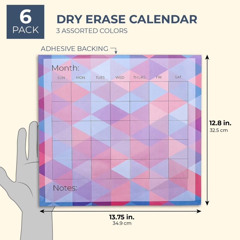 6-Pack Undated Monthly Adhesive Peel and Stick Calendar, Dry Erase Reusable  Calendar for Wall, Home Office Schedule Reminders, Memo Notes, 3 Assorted  Colors (13.75x12.8 in) - Walmart.com