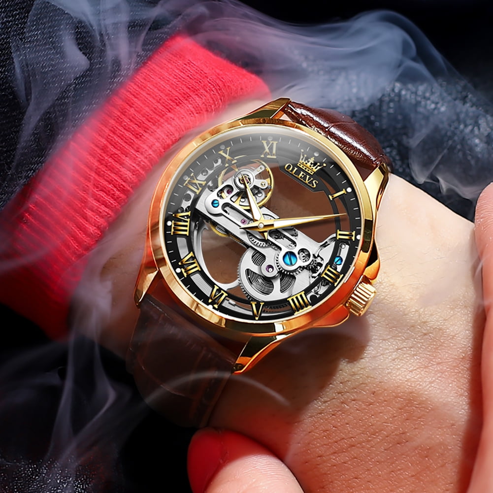 OLEVS Automatic Watches for Men Skeleton Brown Leather Band Large Face Self Winding Mechanical Mens Dress Watches Waterproof Easy to Read Luminous Business Casual Mens Wrist Watches Reloj Para Hombre